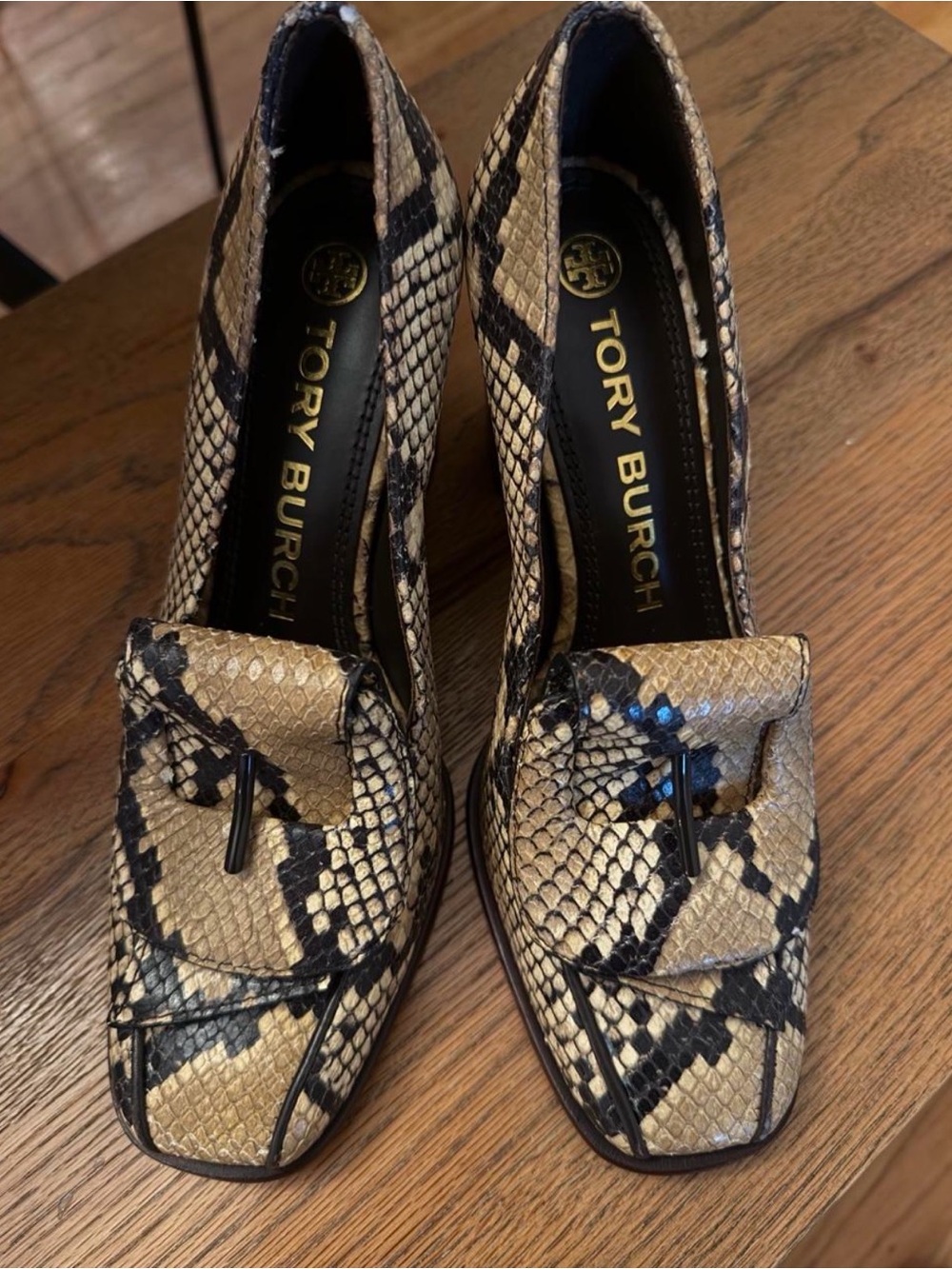 Tory Burch Snake-Print Block Heel Loafer in Tan and Black - Picture 2 of 6